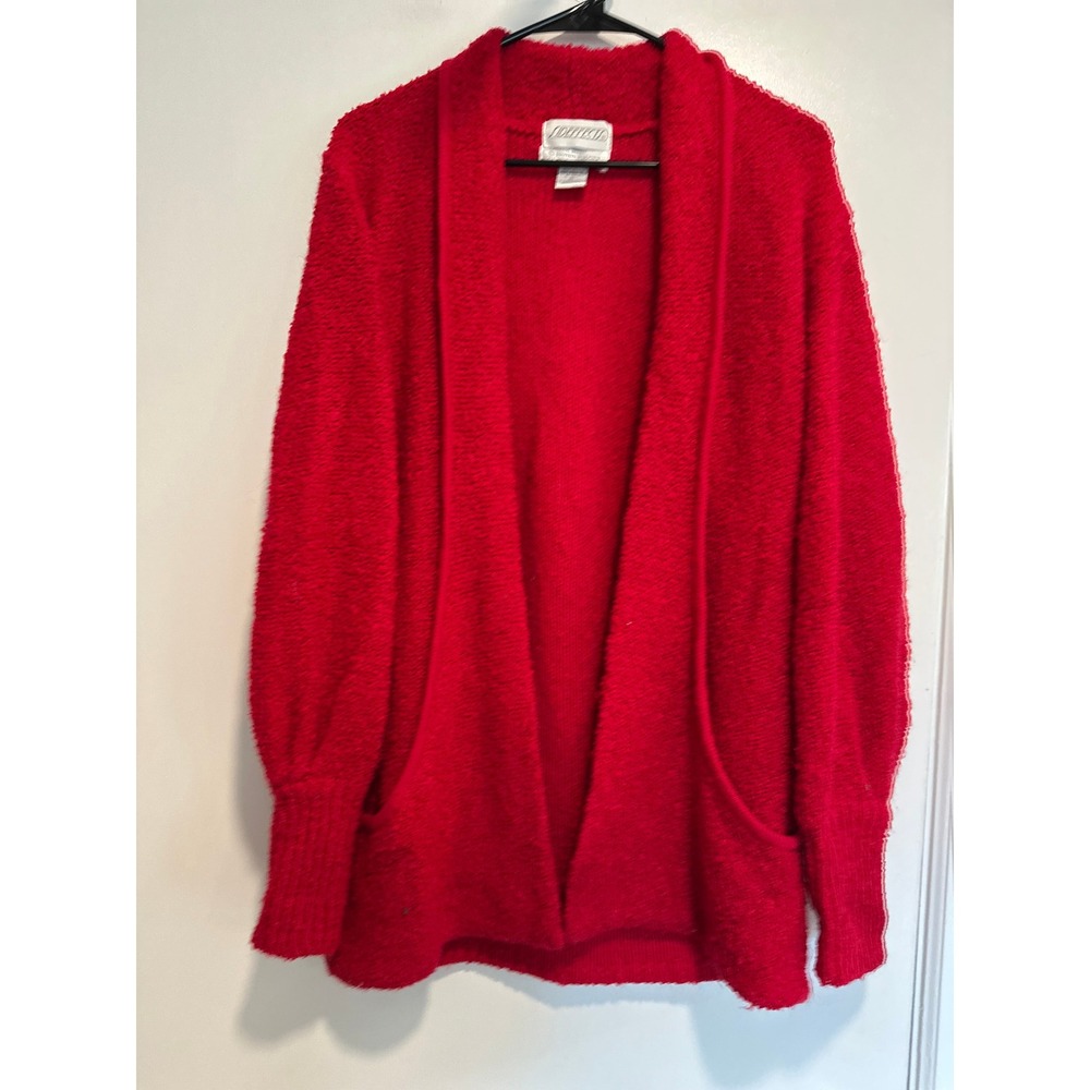 Sideeffects Vintage 80s Boucle Open Front Cardigan Sz:S Red Balloon Sleeve Knit